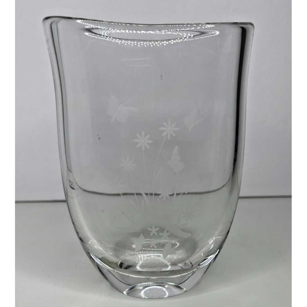 Orrefors Sweden Etched Glass Vase Butterfly Flowers Hand Signed Heavy 6.25"
